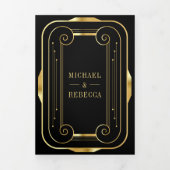 Invitation Trois Volets Mariage photo Art déco Black and Gold Foil (Page de couverture)
