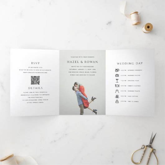 Invitation Trois Volets Mariage photo avec QR code moderne simple (Intérieur)