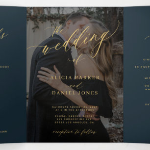Invitation Trois Volets Mariage photo avec QR code RSVP en écriture dorée
