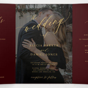 Invitation Trois Volets Mariage photo avec QR code RSVP or de Bourgogne