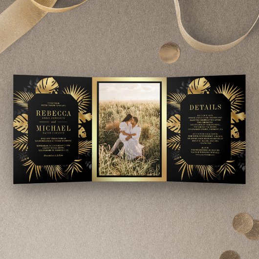 Invitation Trois Volets Mariage photo Black and Gold Foil Tropical Palm