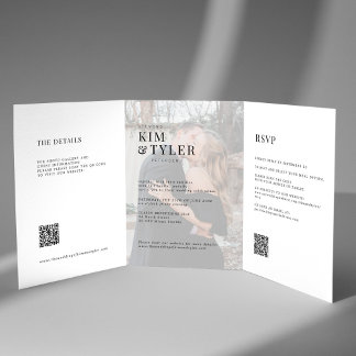 Invitation Trois Volets Mariage photo blanc et noir RSVP détails QR code