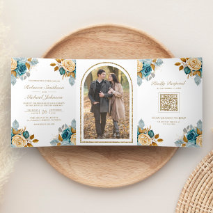 Invitation Trois Volets Mariage photo Blue Cream Floral Gold QR Code