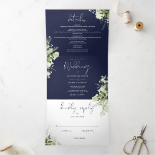 Invitation Trois Volets Mariage photo botanique vert moderne bleu marine