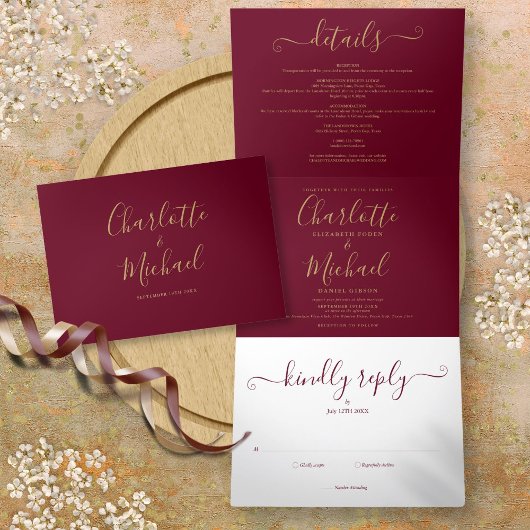Invitation Trois Volets Mariage photo Burgundy Elegant Gold Script