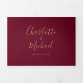 Invitation Trois Volets Mariage photo Burgundy Elegant Gold Script (Page de couverture)