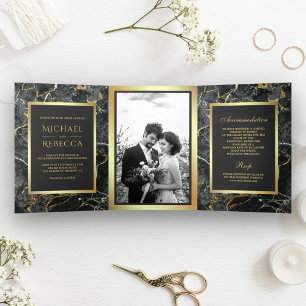 Invitation Trois Volets Mariage photo Charcoal Grey Marble Faux Gold Foil