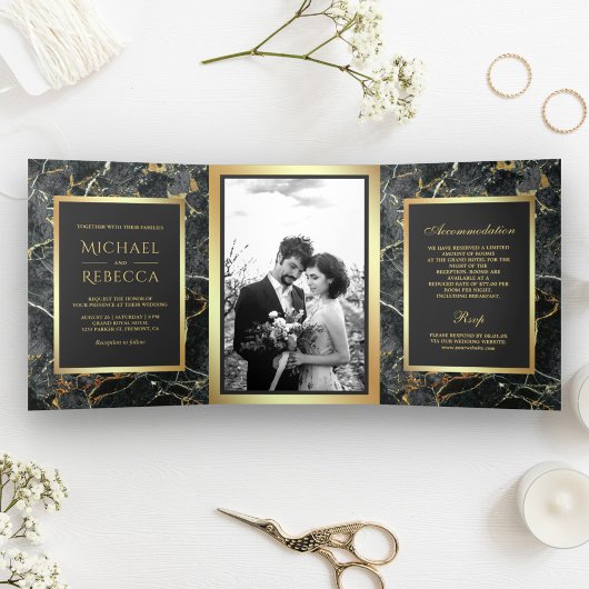 Invitation Trois Volets Mariage photo Charcoal Grey Marble Faux Gold Foil