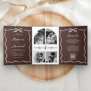 Invitation Trois Volets Mariage Photo Code QR Arc Brun Espresso Blanc