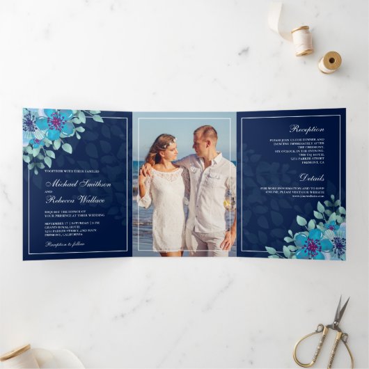 Invitation Trois Volets Mariage photo de couleur bleu minuit (Intérieur)