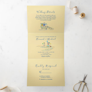 Invitation Trois Volets Mariage Photo de Plage Rétro