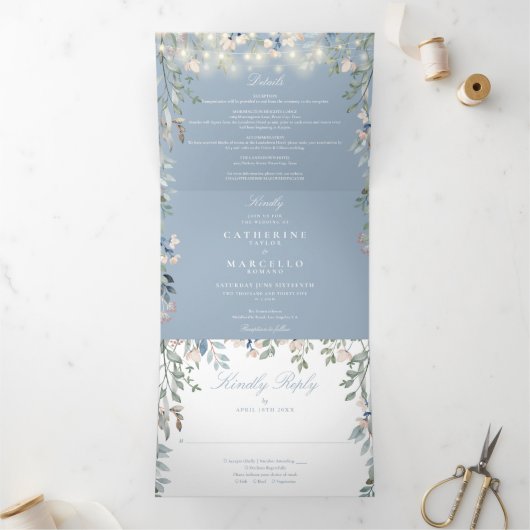 Invitation Trois Volets Mariage photo Dusty Blue Floral (Intérieur)