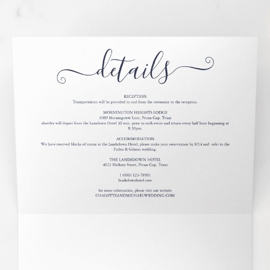 Invitation Trois Volets Mariage photo élégant Navy Blue Script (Intérieur en premier)