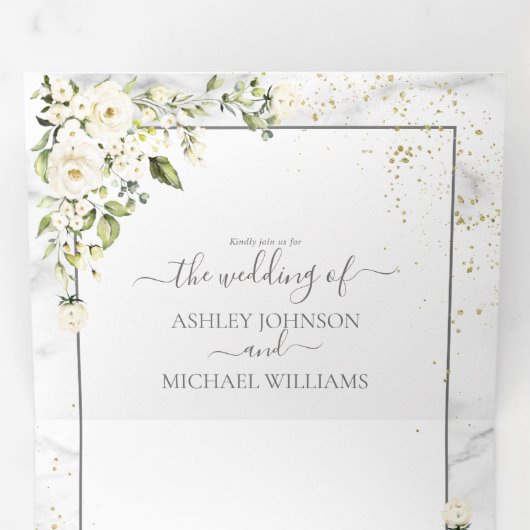 Invitation Trois Volets Mariage photo en marbre d'or gris clair (Intérieur en premier)