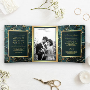 Invitation Trois Volets Mariage photo en marbre sarcelle et or Faux papier