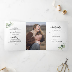 Invitation Trois Volets Mariage photo Eucalyptus Script de verdure