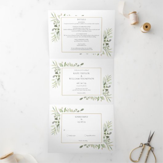 Invitation Trois Volets Mariage photo Feuille Botanical Greenery (Intérieur)