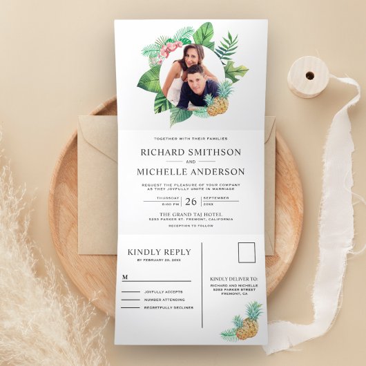 Invitation Trois Volets Mariage photo Feuille de couronnes vertes et blanc