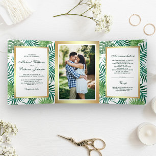 Invitation Trois Volets Mariage photo Feuille Faux Gold Foil Tropical Palm