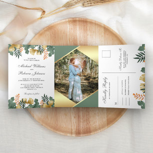 Invitation Trois Volets Mariage photo Feuille géométrique Gold Foil