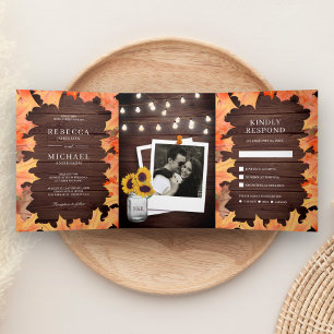 Invitation Trois Volets Mariage Photo Feuilles d'Érable Rustique Bois Auto