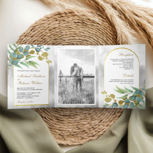 Invitation Trois Volets Mariage Photo Feuilles d'Eucalyptus Rustique Arche