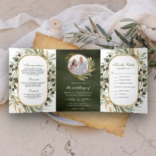 Invitation Trois Volets Mariage Photo Feuilles D'or Vert Olive Rustique