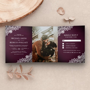 Invitation Trois Volets Mariage Photo Fleur de Prunier Bois Rustique Viole