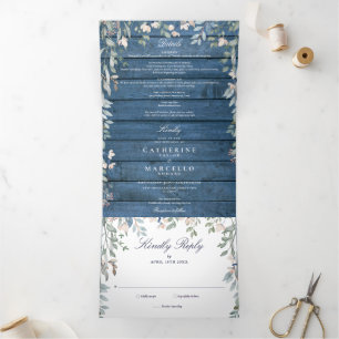 Invitation Trois Volets Mariage photo Fleur sauvage Blue Rustic Wood
