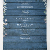 Invitation Trois Volets Mariage photo Fleur sauvage Blue Rustic Wood (Intérieur au milieu)