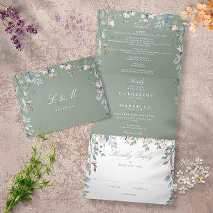 Invitation Trois Volets Mariage photo Fleur sauvage Sage Green
