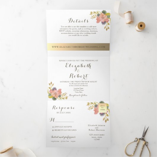 Invitation Trois Volets Mariage photo floral aquarelle (Intérieur)