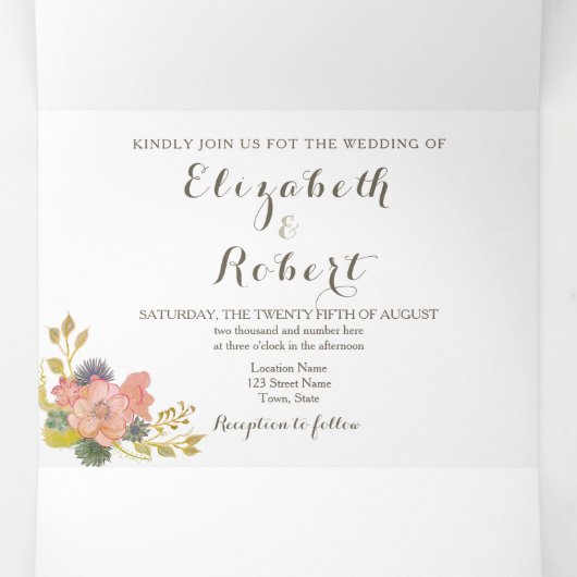 Invitation Trois Volets Mariage photo floral aquarelle (Intérieur au milieu)