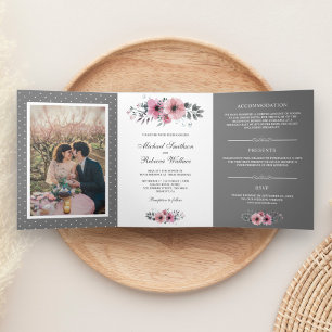 Invitation Trois Volets Mariage photo floral aquarelle rose et gris