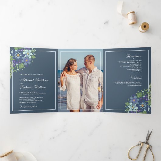 Invitation Trois Volets Mariage photo floral bleu rustique Dusty (Intérieur)