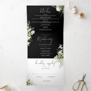 Invitation Trois Volets Mariage photo floral en noir et blanc avec verdure