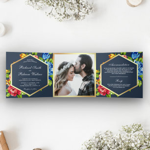 Invitation Trois Volets Mariage Photo Floral Géométrique Moderne Vibrant