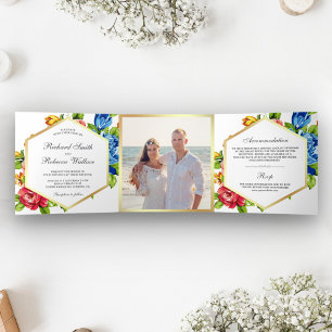 Invitation Trois Volets Mariage Photo Floral Géométrique Moderne Vibrant