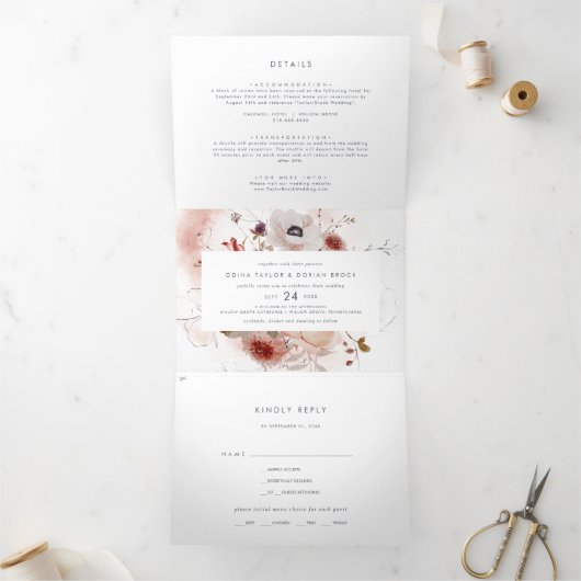 Invitation Trois Volets Mariage photo floral simple tout en un (Intérieur)