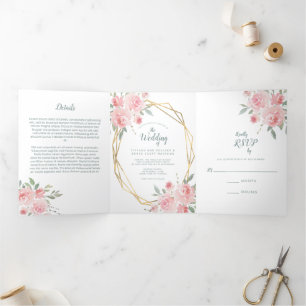 Invitation Trois Volets Mariage photo Flush Floral Watercolor Gold Frame