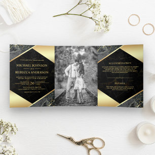 Invitation Trois Volets Mariage photo Gold Geometry Charcoal Gris Marble