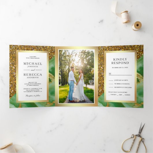 Invitation Trois Volets Mariage photo Gold Parties scintillant Mint Green  (Intérieur)