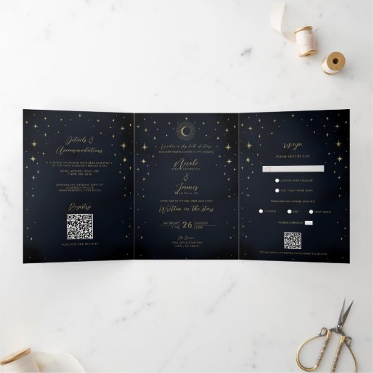 Invitation Trois Volets Mariage photo Gold Stars Night Celestial Sunburst (Intérieur)