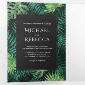 Invitation Trois Volets Mariage photo gris foncé et feuillage vert (Intérieur en premier)