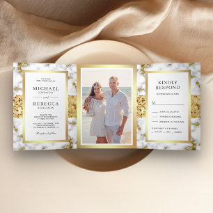 Invitation Trois Volets Mariage Photo Marbre Blanc Gris Paillettes Dorées