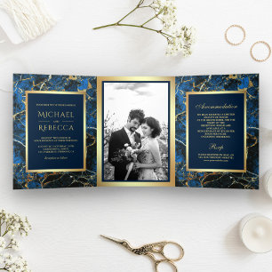 Invitation Trois Volets Mariage Photo Marbre Bleu Royal Faux Papier Doré