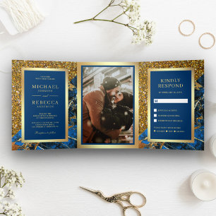 Invitation Trois Volets Mariage Photo Marbre Bleu Royal Pailleté Or