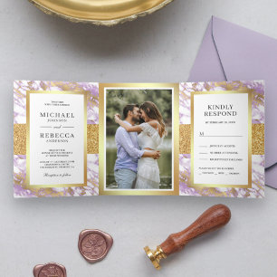 Invitation Trois Volets Mariage Photo Marbre Lavande Pastel Paillettes Dor
