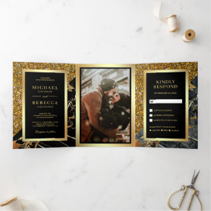Invitation Trois Volets Mariage Photo Marbre Noir Paillettes Dorées