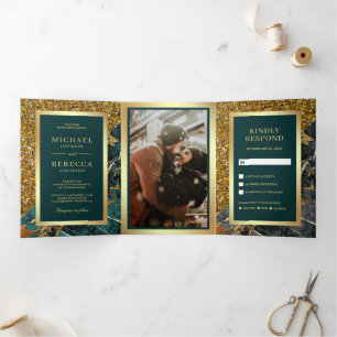 Invitation Trois Volets Mariage Photo Marbre Sarcelle Paillettes Dorées